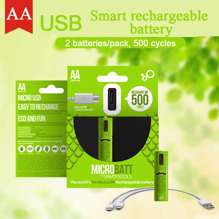

SMARTOOOLS 2PCS/pack AA Mirco USB Rechargeable Battery AA NI-MH Battery 1000mAh AA 1.2V Toys Remote-controller batteries