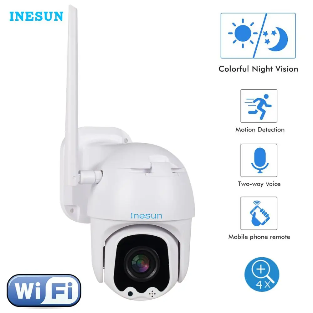 Inesun PTZ WiFi Camera Outdoor 2MP HD 1080P Security IP Camera WiFi 4X Zoom PTZ Camera Two Way Audi