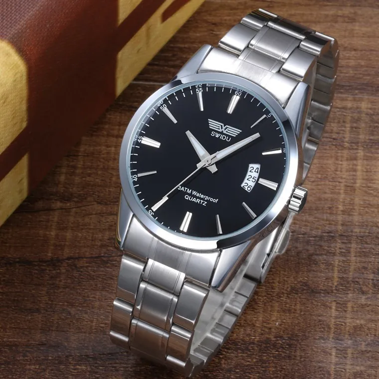 SWIDU Men's Stainless Steel Band Date Analog Quartz Sport Wrist Watch