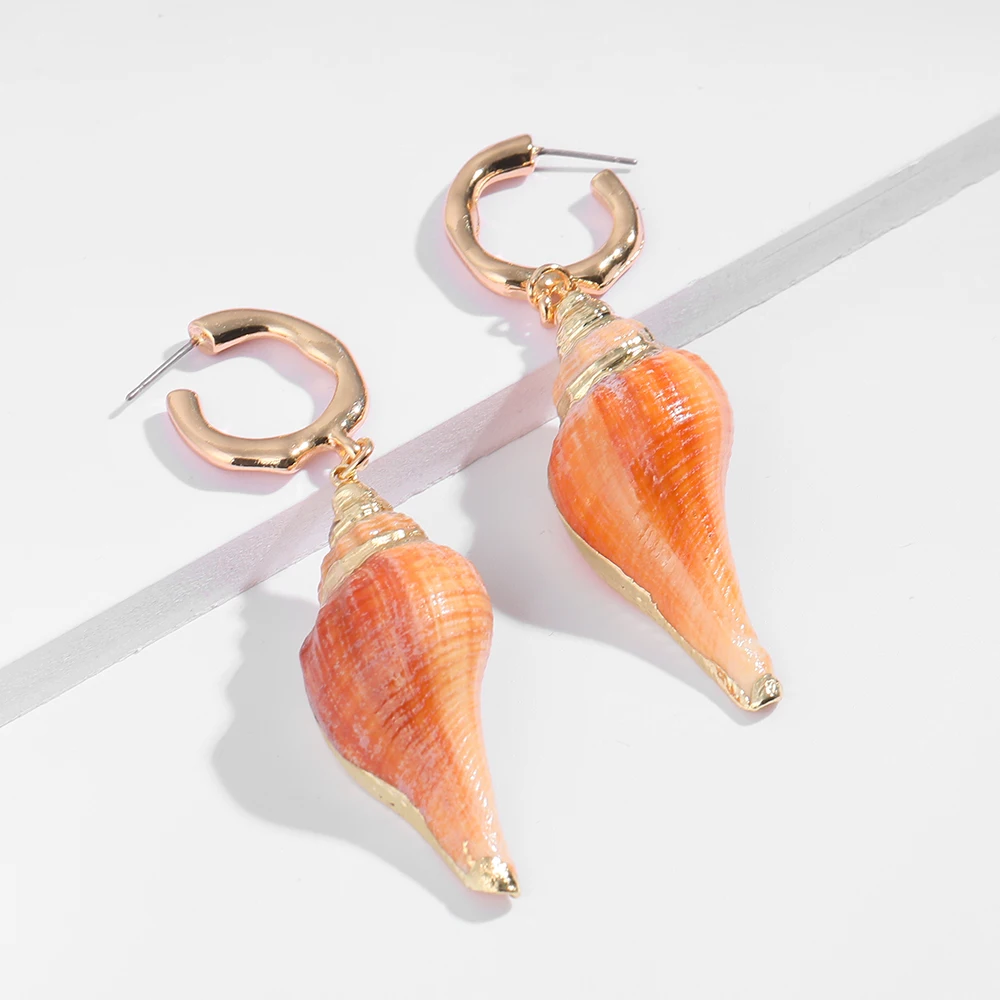 

2019 Beach Exaggerated Orange Cowrie Shell Earring for Women Gold Color Statement Drop Earring Fashion Geometric Brincos