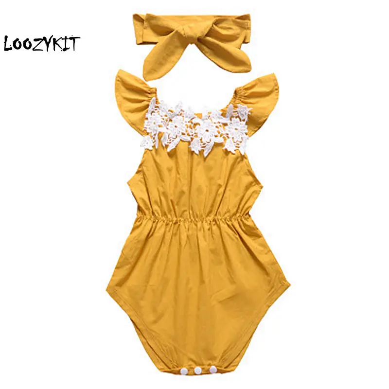 

Loozykit 2019 Newborn Baby Girls Cotton Yellow Butterfly sleeve Romper+ Set Infant Outfits Clothes