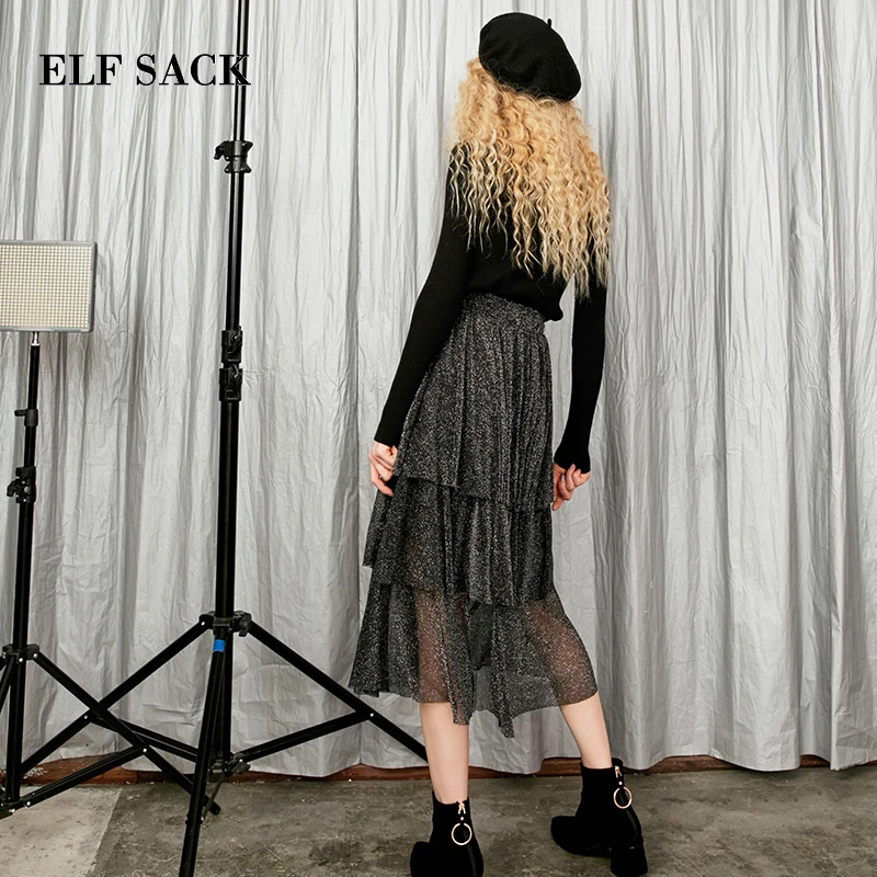 ELF SACK Women Long Skirt Ruffles Casual Skirts Female A-Line Korean Style Long Skirts Autumn Fashion Week Skirts