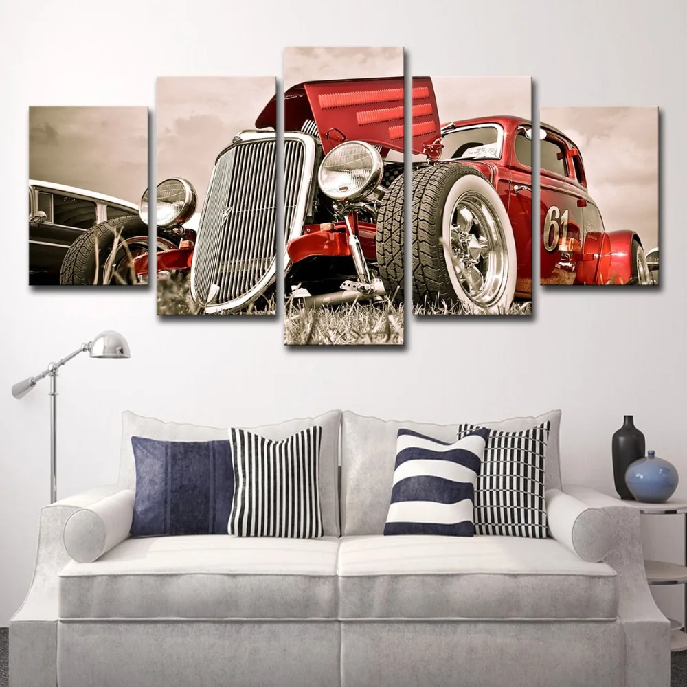 5P0005 Canvas Wall Art Pictures Home Decor 5 Pieces Hot Rod Red Front View Wheels Paintings Living Room HD Prints Car Poster Framework  (16)