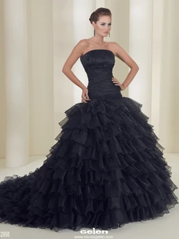 

New Vintage 50s Gothic Black Ball Gown Organza Wedding Dresses Strapless Ruched Tiered Dropped Waist 60s Bridal Gowns 2019