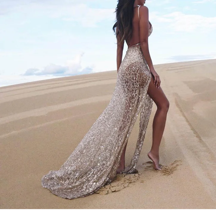 

Bohemian Women Slim Slip Dress See Through Hollow Out Deep V Side Slit Backless Dress Wedding Evening Party Dress for Engagement