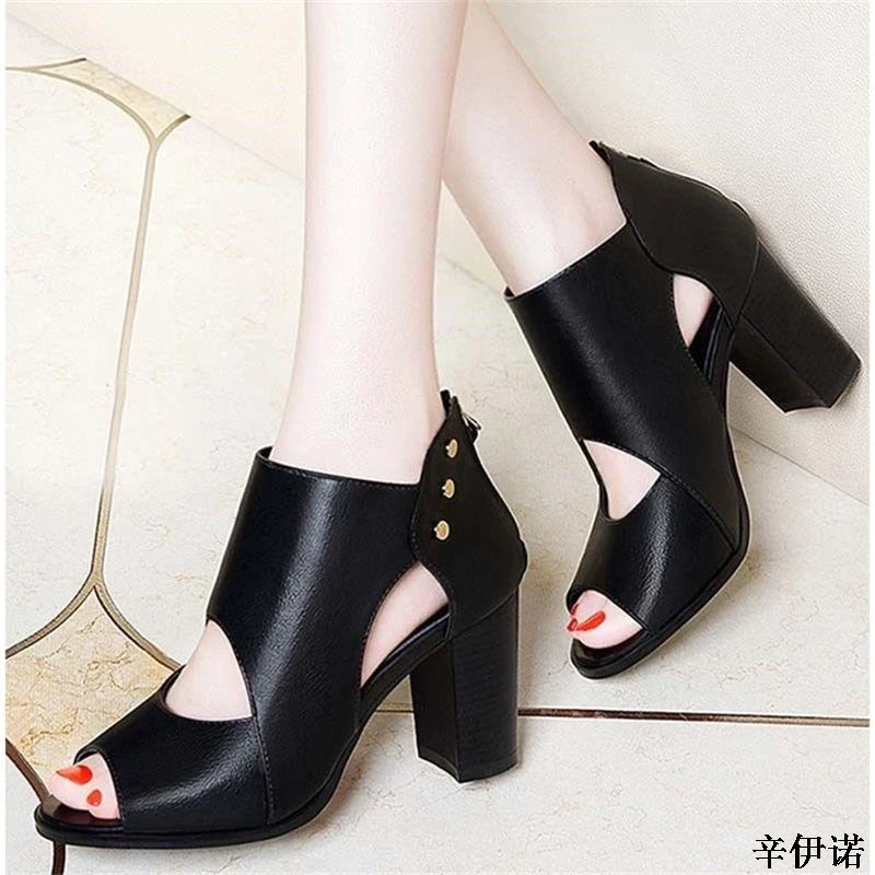 

2019 Gladiator Sandals For Women New Fashion Black Leather High Heels Shoes Woman Fashion Dress Wedding Party Shoes Mother Shoes