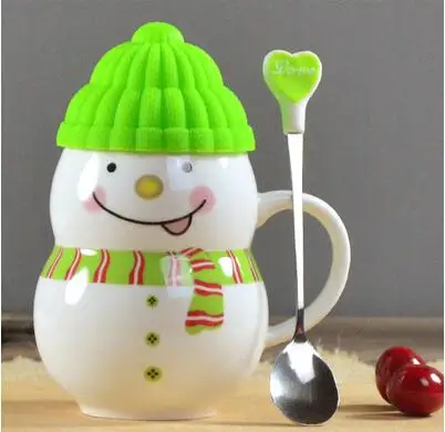 330 мл чашки со снеговиком, креативные рождественские подарки, кофейные молочные чашки, керамическая чайная чашка для рождества, подарок на день рождения, кружка с ложкой - Цвет: Green with spoon