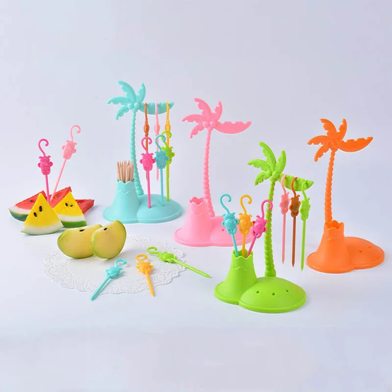 FHEAL Cute Coconut Tree Monkeys Creative Fruit Fork Set Plastic Fruit Forks Vegetable Fruit Dessert Fork Set Toothpick Holder (5)