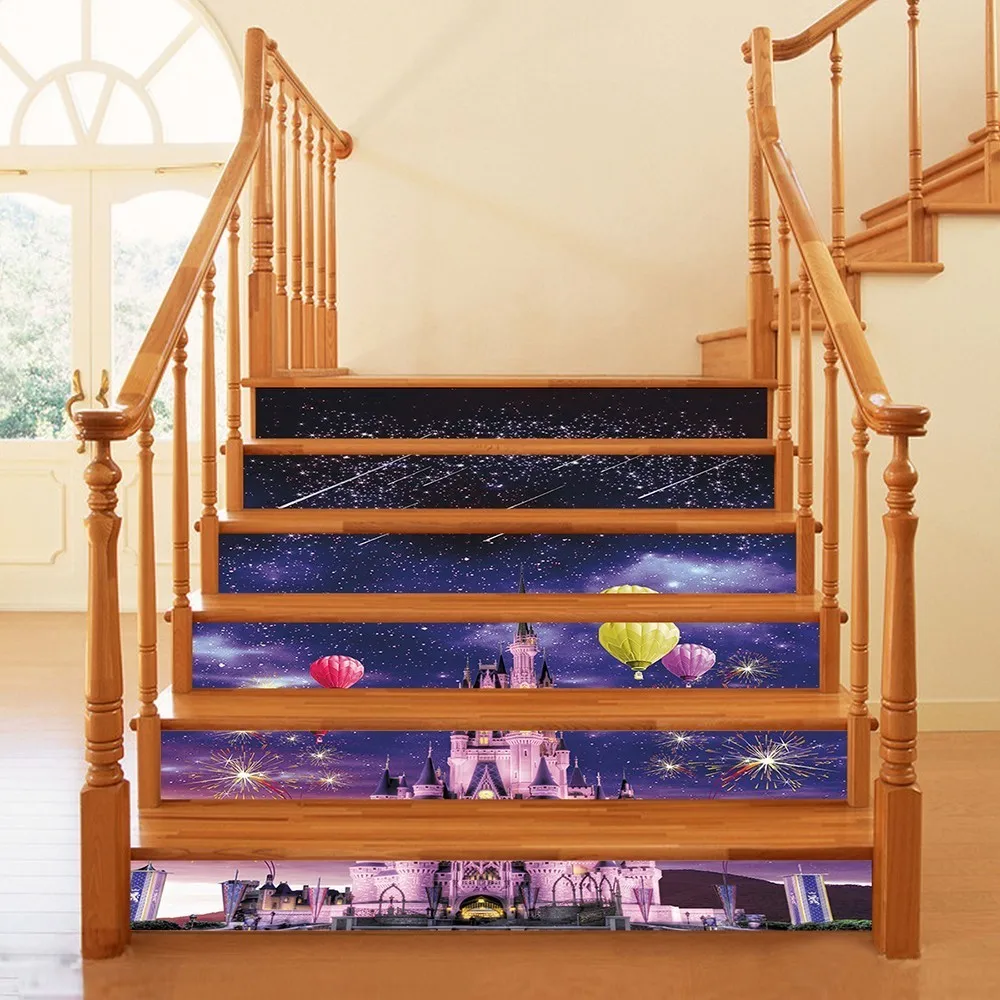 6pcs/set Castle Night Fireworks 3D Stair Stickers Waterproof Decals