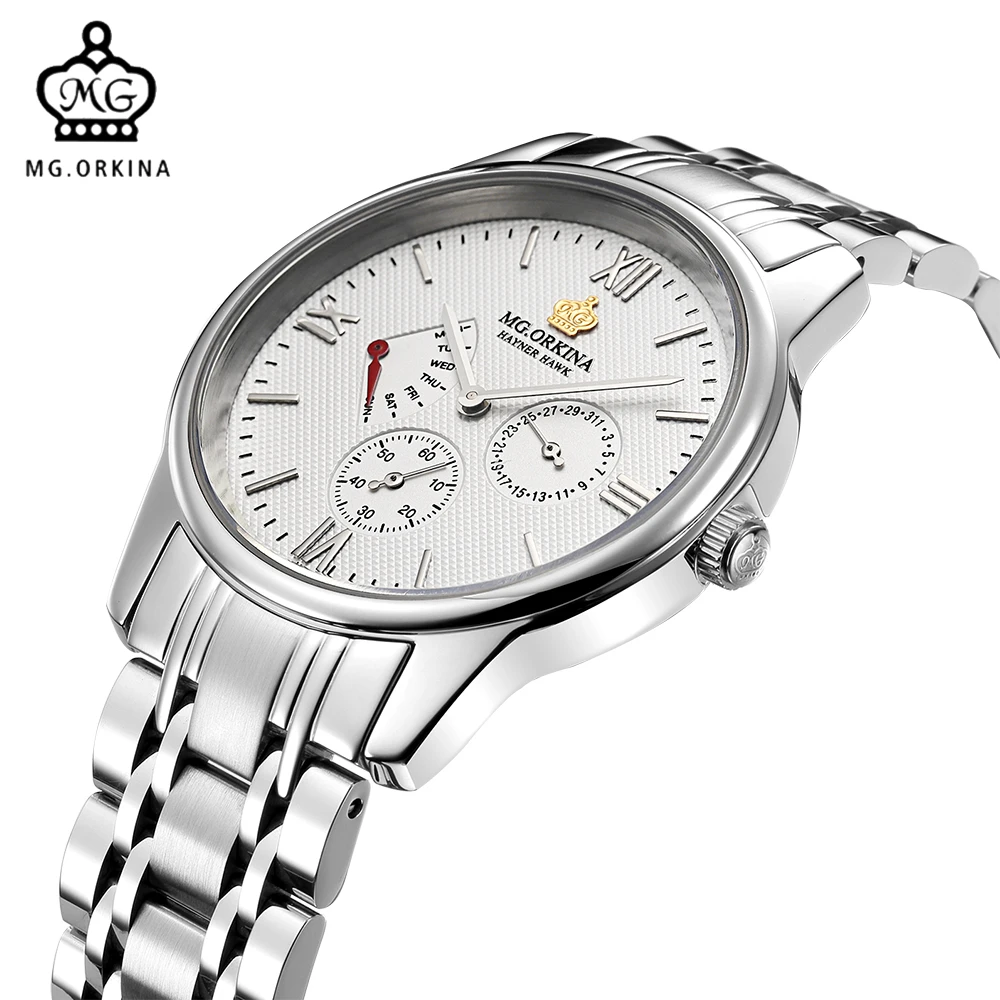 

MG. ORKINA Stainless Steel Dress Watches Multi Function Quartz Watch 3ATM Waterproof Male Clock Sapphire Window Luxury Watch Men
