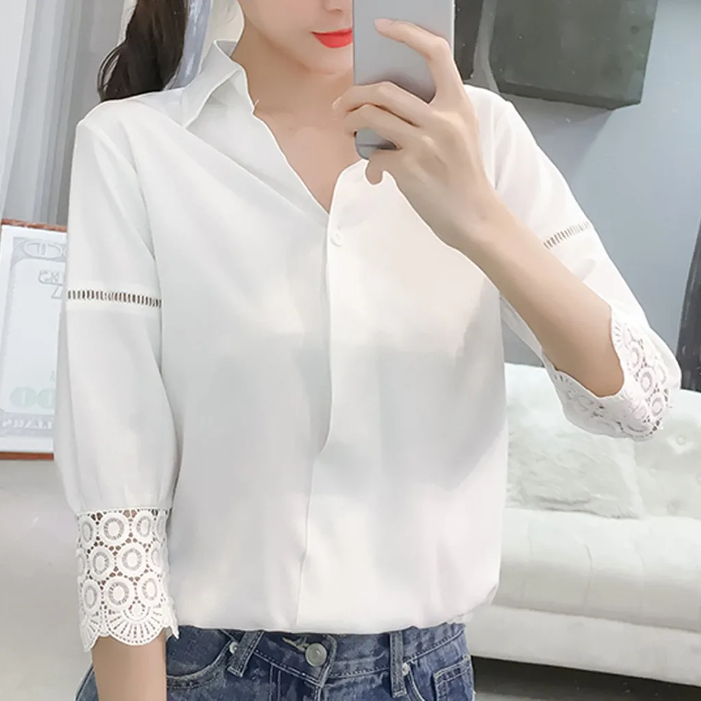 

Office Ladies Blouse Fashion Women Lace Lapel Shirt Pure Color Three Quarter Sleeve Loose Tops Blusa Feminina блузка женская