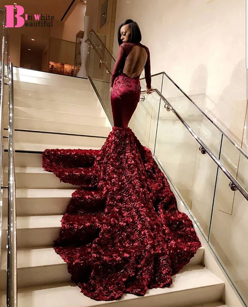 Beautifulinwhite бордовый Русалка Пром платья Длинные кружевное с аппликацией из бусин с открытой спиной 3D цветы Вечерние Выпускные платья BP039