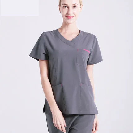 Одежда с короткими рукавами для докторов Meidcal скраб наборы спа салон красоты стоматологическая клиника Спецодежда Комбинезоны медсестры униформа лабораторные халаты - Цвет: grey pink