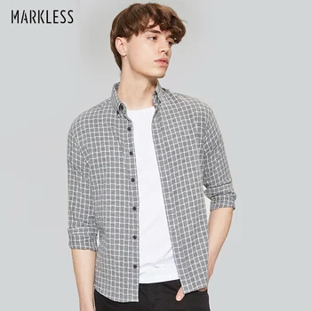 

Markless Grey Plaid Shirt Men Spring Fashion Mens Long Sleeve Shirt 100% Cotton Turn-down Collar Casual Shirts 2018 New Arrival