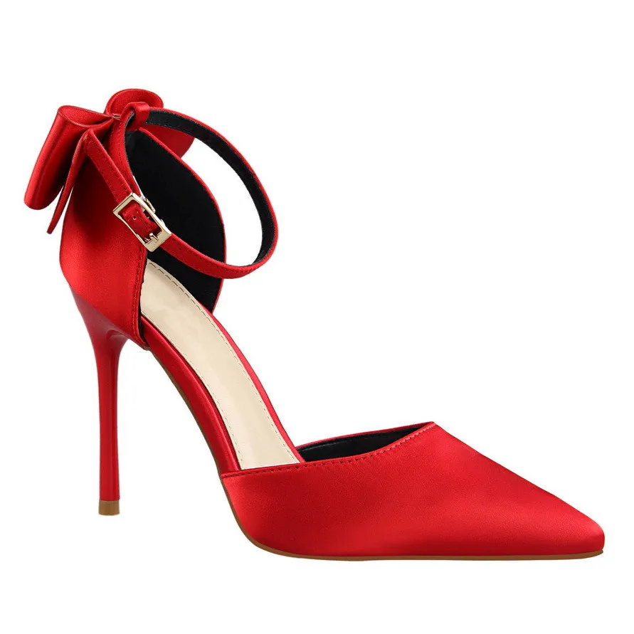 

Big Size 34-43 Women Summer Sandals Ankle Strap Bow Pumps Super High Heels 10CM Thin Heels Lady Shoes B034