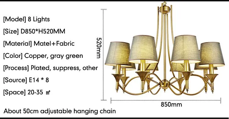 Винтажный Домашний Светильник ing, люстры, светильник для спальни, светильники, серый зеленый тканевый абажур, медная железная люстра E14 110-240 В