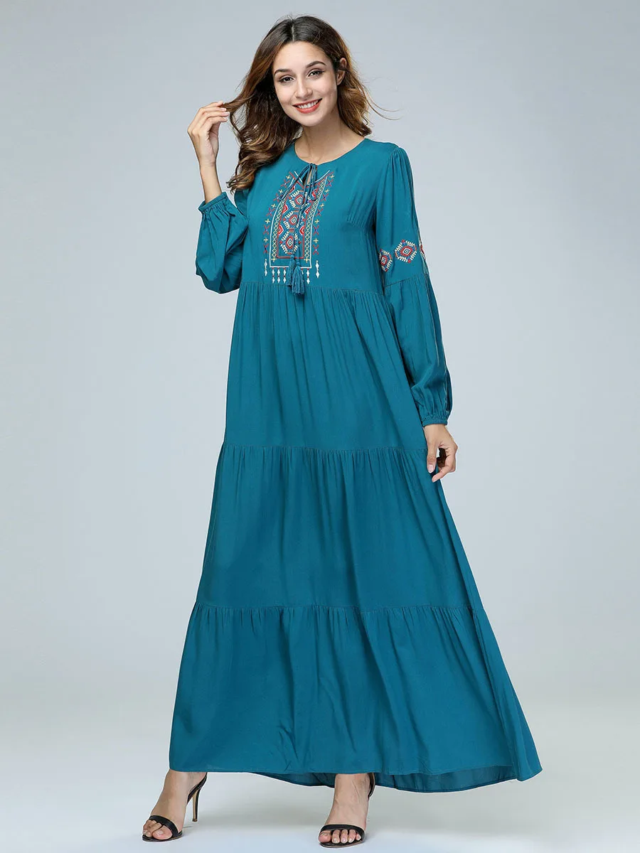 

Dress Women Dresses Summer Long Maxi Plus Size Vestidos Vintage Verano 2019 Robe Femme Embroidery Muslim Cotton Loose Plus Size