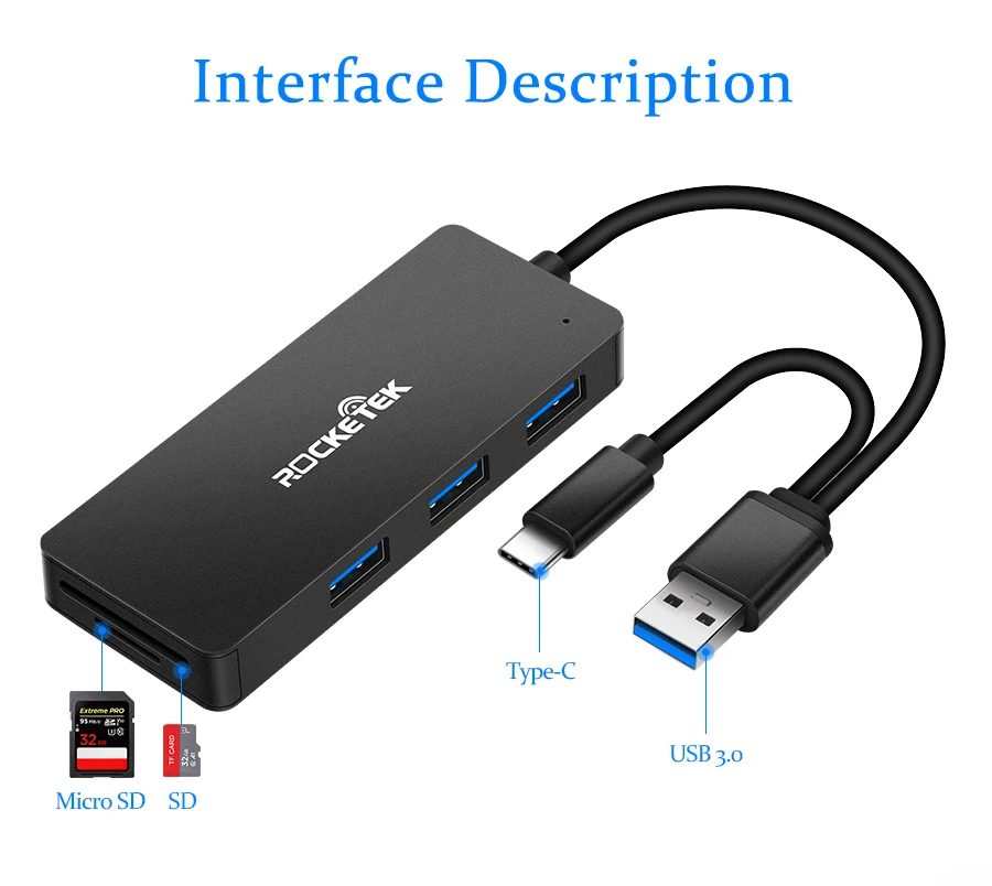 Rocketek алюминиевый сплав usb-хаб с кардридером 3 порта USB 3,0 type c разветвитель Micro USB порт питания для ноутбука iMac