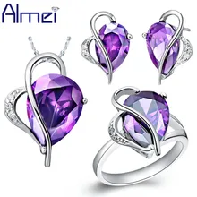 Almei любовь серебро Anillos Cz Циркон кольцо серьги Цепочки и ожерелья Обручение Свадебные аксессуары Bijoux сердце фиолетовый Ювелирные наборы T072
