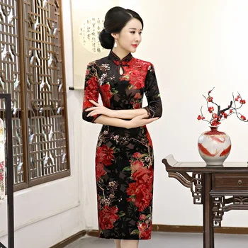 

2020 New Chinese Flower Velvet Dress Winter Woman Slim Cheongsam Business Formal Qipao Vestidos Oversize M L XL XXL 3XL