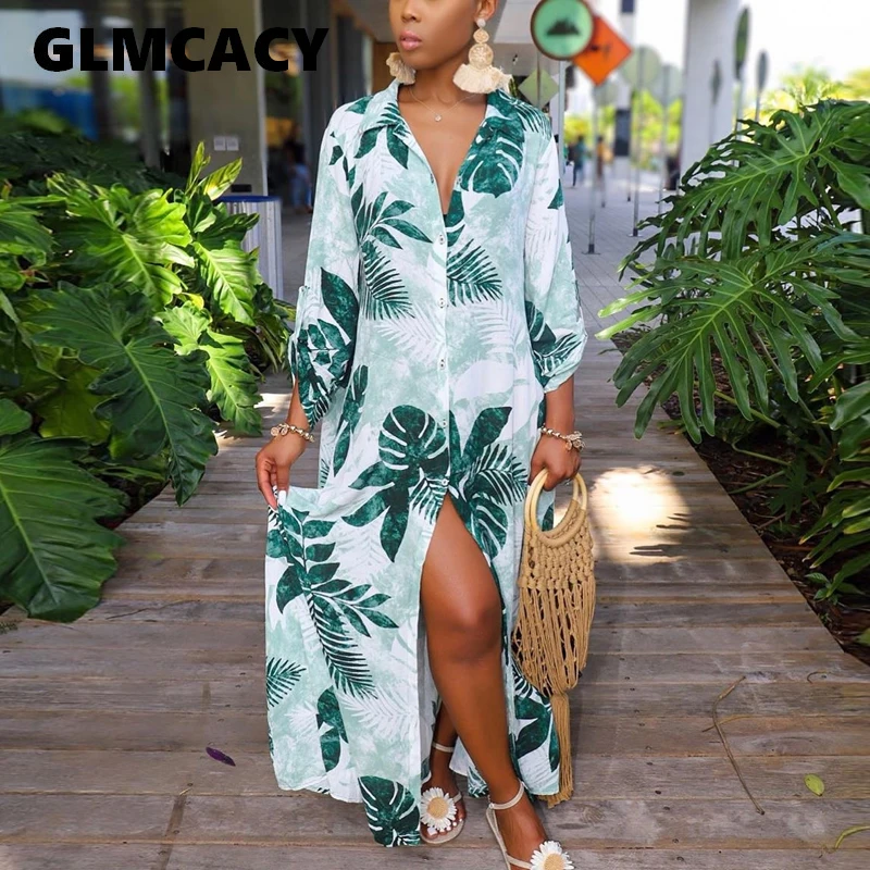 

Women Casual Long Sleeve Button Long Dress Shirt Office Lady Vintage Leaf Printed Maxi Dress Turn Down Collar Chiffon Dress