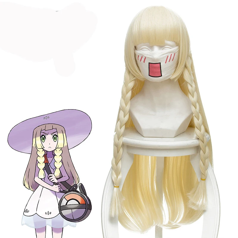 

2018 New Japanese Game Pokemon Sun Moon Lillie Cosplay Wig 80 cm 31.5" Long Straight Anime Wig Synthetic Hair Braided Gold