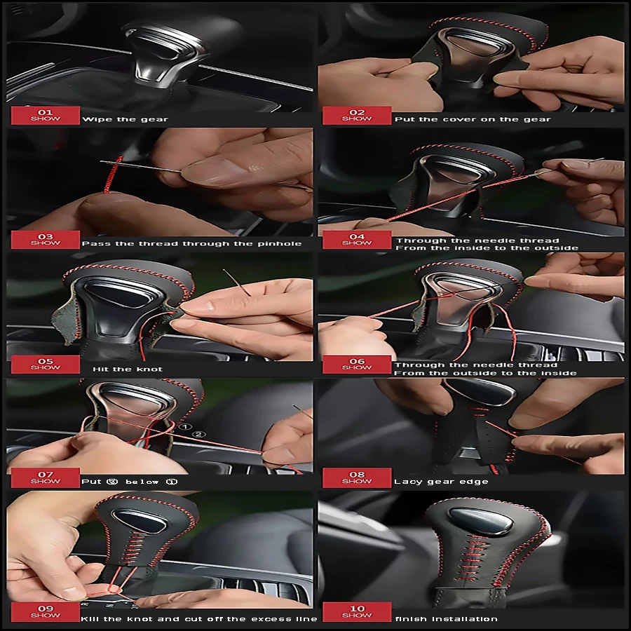 Car Accessories Gear Shift Knob Cover Case Genuine Leather Collars + String For Audi Q7 Q5 A5 A4 A7 Automatic AT 2012 2013 2014 (7)