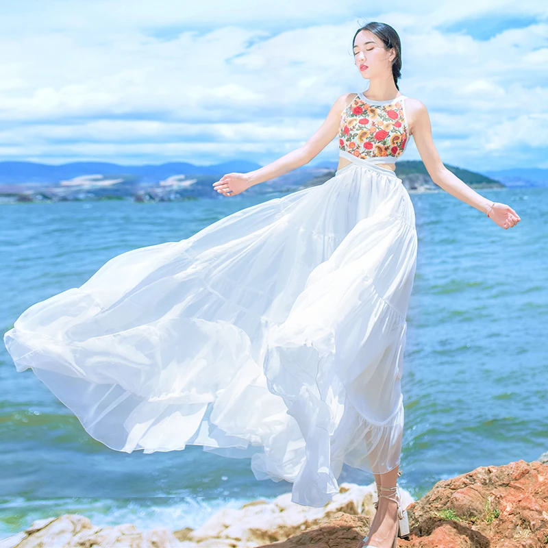 

2019 New Fashion Women Dress O-neck Sleeveless Hollow Out Floral Bohemian Long Dress Vestidos Mujer Robe Femme High Quality