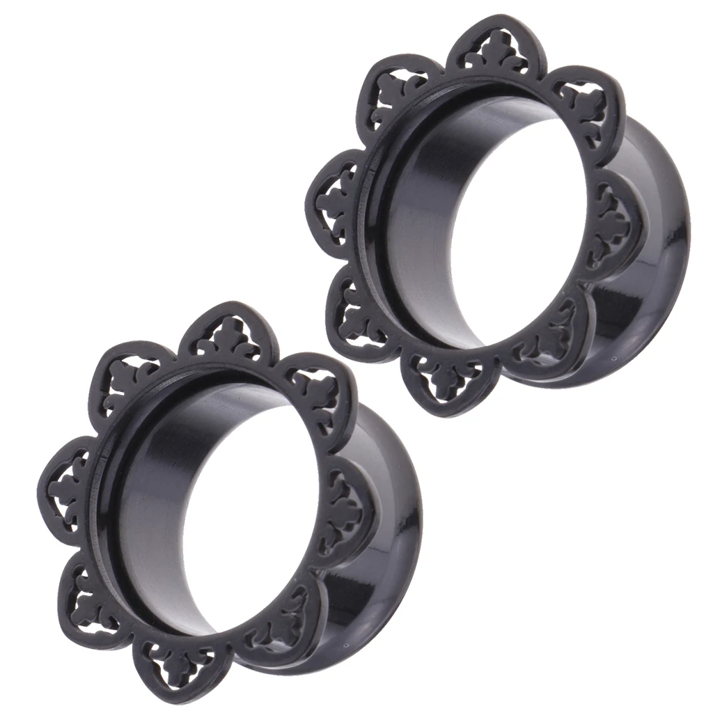 2Pieces Black Flower Stainless Ear Flesh Tunnels Flared Earrings Gauges 8mm