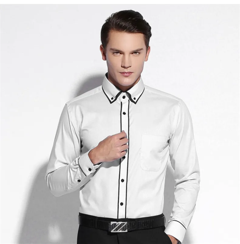 Caiziyijia Высокое качество Мужская рубашка с длинным рукавом 2018 Новое поступление двойной Слои платье рубашка модные однотонные Camisa Masculina Slim Fit