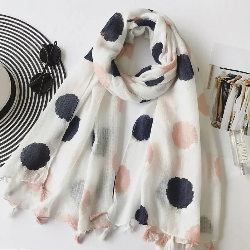

Autumn Fashion Twill Cotton Scarf Women Long Tassels Scarf Shawls Fresh Pink Blue Dot Print Scarf Wraps 180*100cm