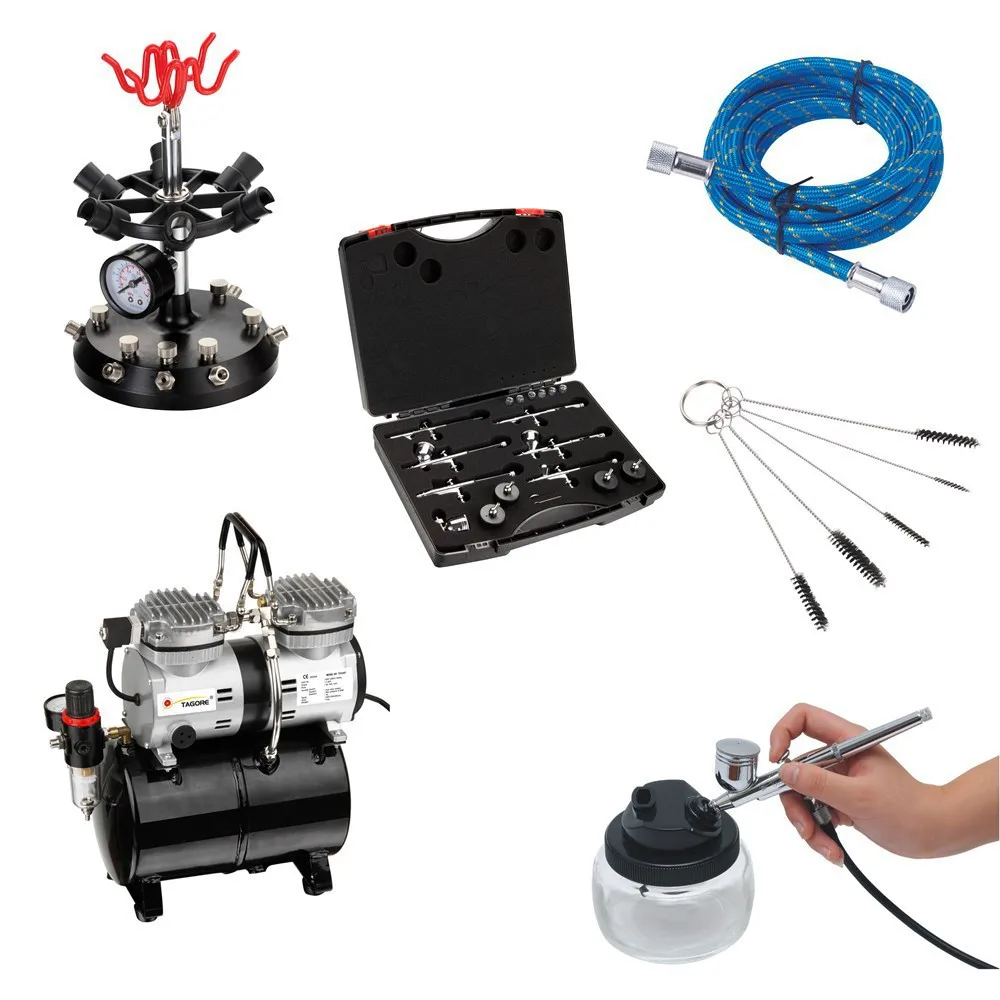 High Quality Portable Silent Airbrush Mini Air compressor with 6 Airbrushes Cleaning Pot Airbrush Holder Air Brush Hose