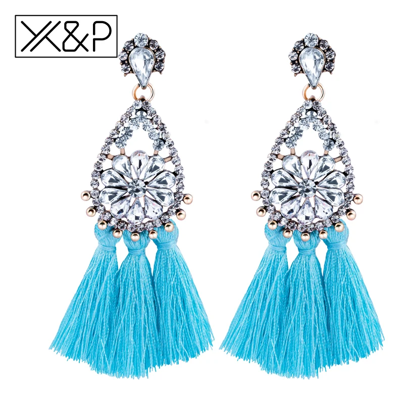 X&P Vintage Geometric Cubic Zirconia Long Tassel Drop Earrings for Women Decorations Fashion Bohemian Ethnic Color Big Earring