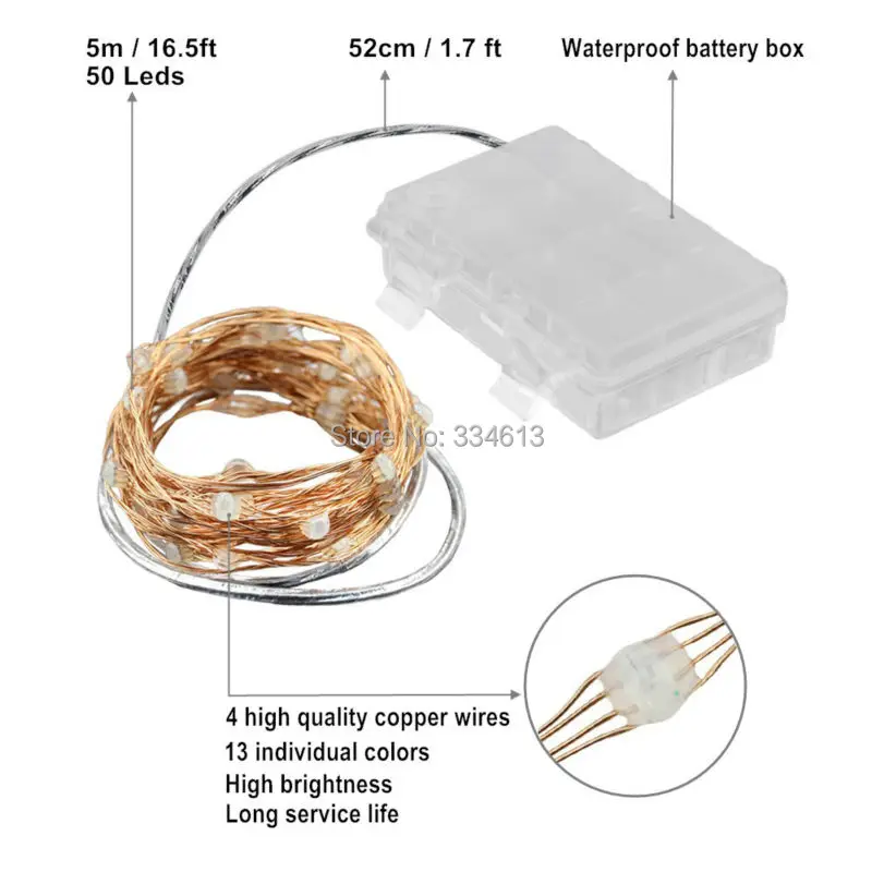 1/3/5pcs 3AA Battery Powered 5M/16FT 50LEDs Copper Wire Multi Color Changing LED String Lights, Outdoor Starry Lights + Remote 1/3/5pcs 3AA Battery Powered 5M/16FT 50LEDs Copper Wire Multi Color Changing LED String Lights, Outdoor Starry Lights + Remote