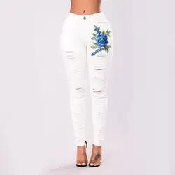 Белые рваные джинсы для женщин Джеггинсы Прохладный деним вышивка женские брюки-Капри узкие повседневное карандаш брюки для девочек