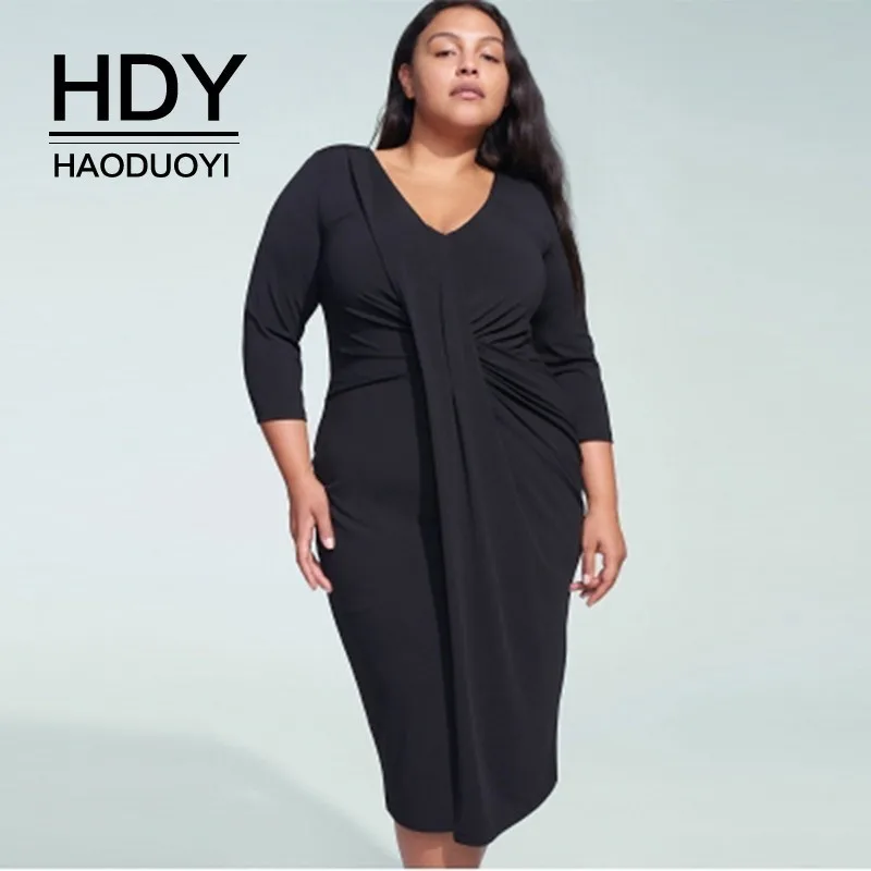 

HDY Haoduoyi Western Style Simple Style Waist Cross Fold Asymmetry Large Size Solid Color V-neck Long Sleeve Dress Midi dresses