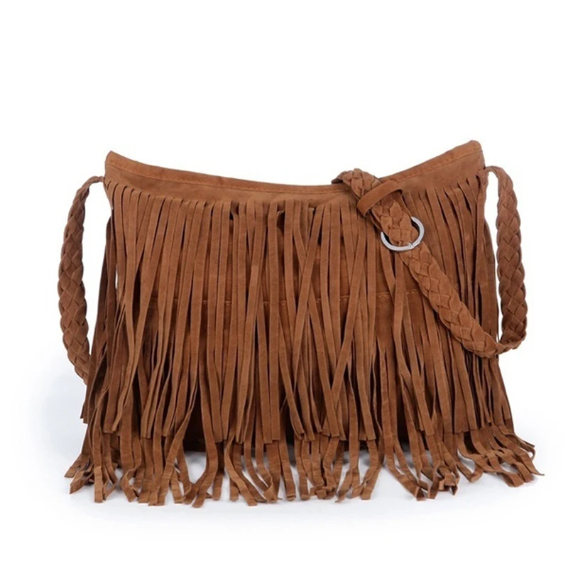 Womens Tassle Fringe Faux Suede Shoulder Messenger Crossbody Bag Handbag Purse Black Brown White