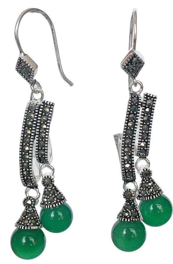 

Hot sale new Style >>>>Natural Green Jade bead Marcasite 925 Sterling silver Dangle Earrings