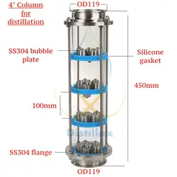 Новый 4 "SS304 колпачковые тарелки колонна дистилляции с 4 секции для дистилляции. Стеклянная колонна