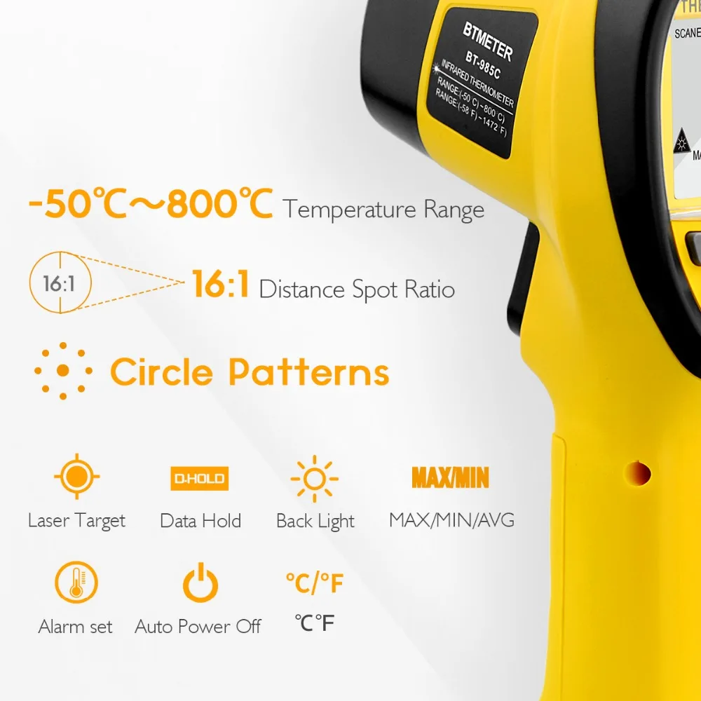 BTMETER BT-985C Инфракрасный Термометр Пистолет Бесконтактный 16:1 ИК лазерный температурный пистолет цифровой мгновенное чтение для кухни