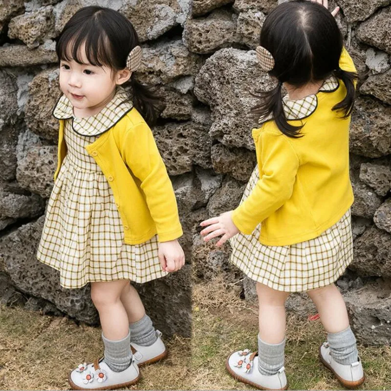 

2019 Girls Clothes Spring Autumn New Girl Doll Collar Plaid Long-Sleeved Dress+Solid Color Knitted Jacket 1-5 Years