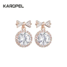 Dazzling Bowknot Cubic Zircon Drop Earrings for Bridal Fashion Rose Gold Color Round Crystal Wedding Jewelry blucome brand design rose gold color square cubic zircon ceramic earrings ring set chinese porcelain women wedding jewelry sets