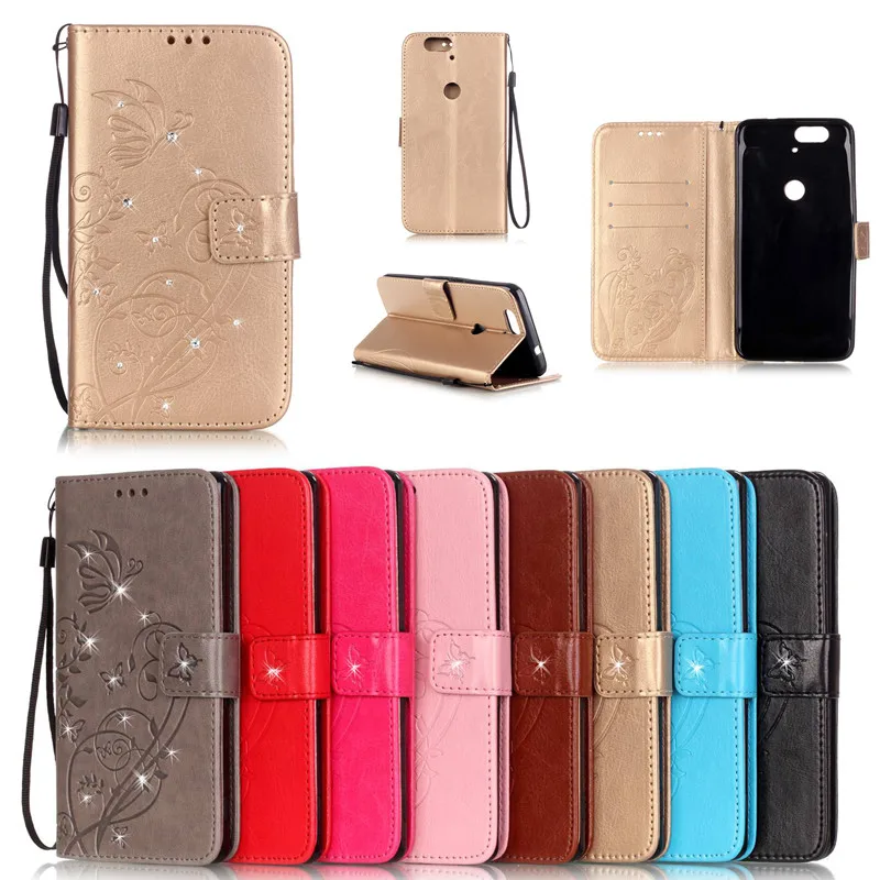 

For Huawei Nexus 6P Luxury Bling Diamond Book Style PU Leather Flip Butterfly Case Cover For Huawei Nexus 6P Phone Bags+Strap