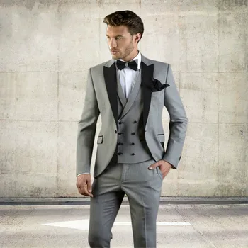 Tanie Szary 3 Sztuk Mężczyźni Goom Smokingowy Garnitur ślub Z Czarnym Smokingu Custom Made Blazer ślubne Garnitury Dla Pana Młodego Prom Terno Masculino