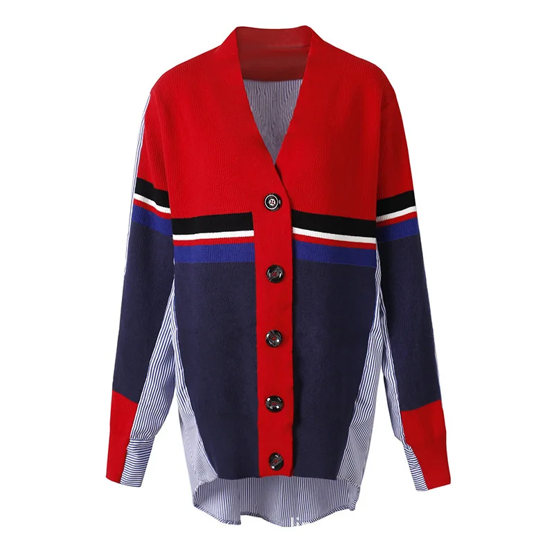 

[EWQ] 2019 Fall Winter New Cardigan Sweater Knitted Long Sleeve Women'Point Open loose Fake two-piece stitching Sweters QK026