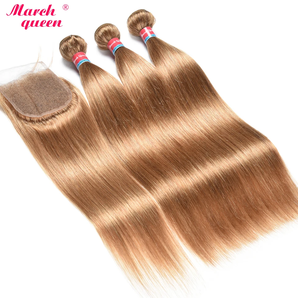 Марта queen сырья и индийские Мёд светлые волосы с 4x4 закрытия шнурка #27 прямо человеческих волос Weave 3 пучки двойной уток