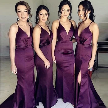 

Grape Mermaid Prom Gowns Sexy V Neck Spaghetti Straps Side Split Satin White Ivory Summer Autumn Evening Gowns Women Party Dress