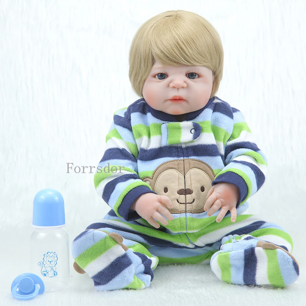 

NPK22inch 55cm pretty short gold hair full silicone Lifelike newborn Baby with Monkey clothes silicone Bonecas Bebe Reborn doll
