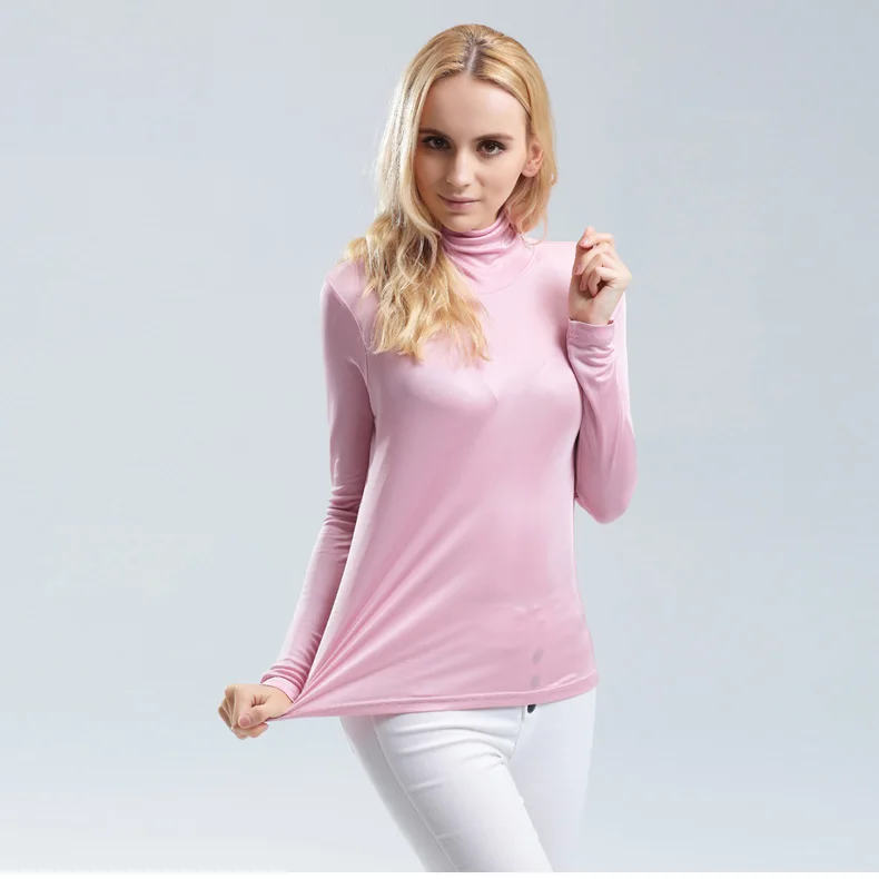 Plus size Spandex top T shirt 100% Seta Reale di Base Dolcevita A maniche lunghe Bottoming-shirt 2017 AUTUNNO INVERNO camicia fondo