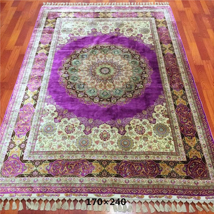 

5.5'x8' Hand knotted Persian Silk Carpet Purple Floral Design Area Carpet For Floor